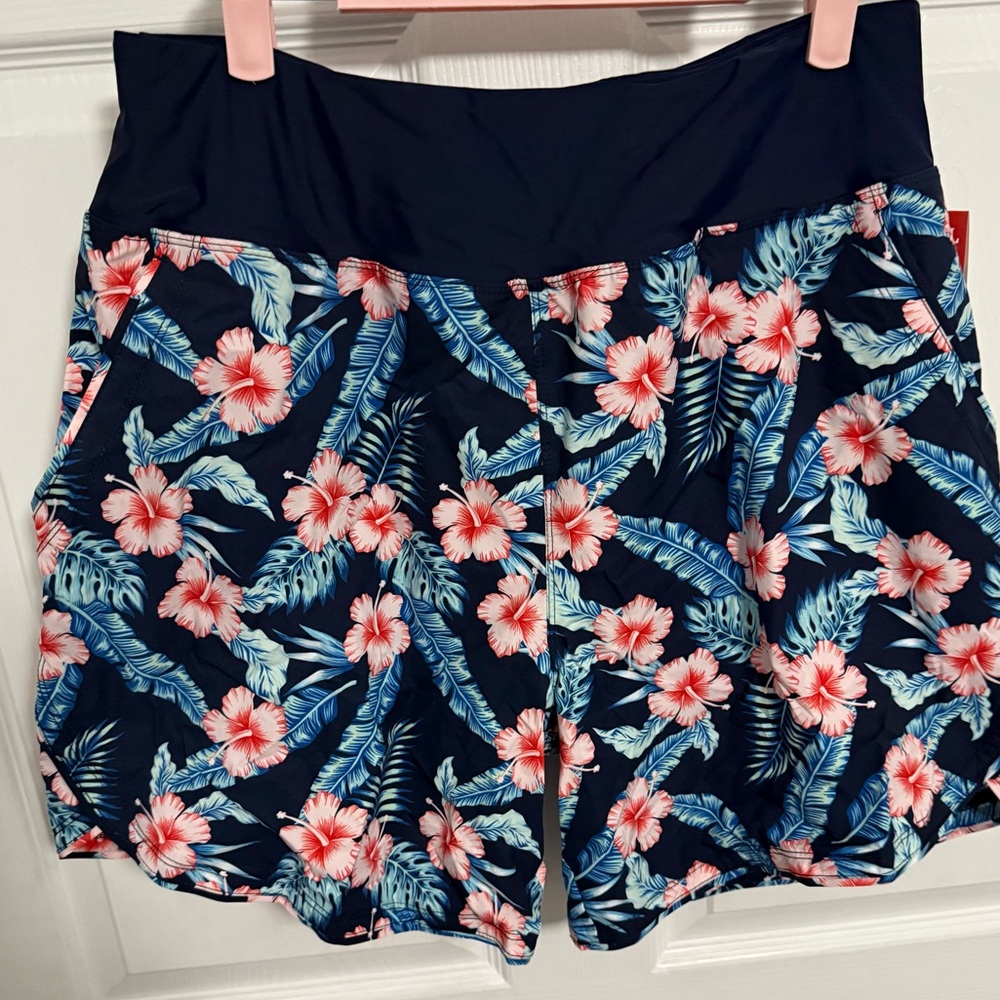Tropical Floral Women's Swim Shorts - Navy and Pink